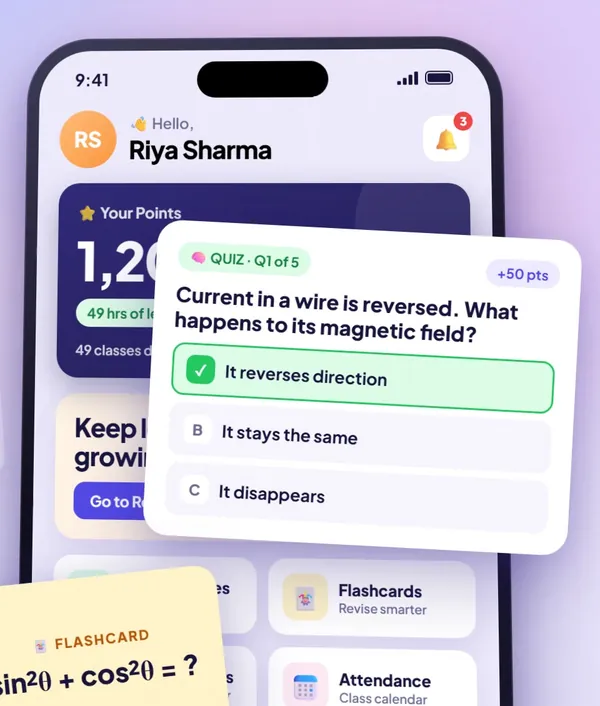 Screenshot of the Afterclassroom student app showing a recall quiz question about a magnetic field, with the correct answer ticked, and a trigonometry flashcard.