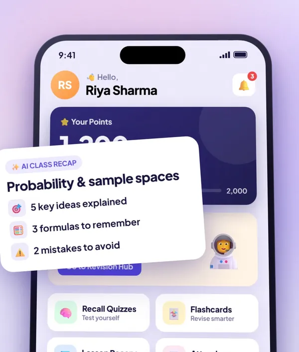 Screenshot of the Afterclassroom student app showing an AI class recap of a probability lesson with 5 key ideas explained, 3 formulas to remember and 2 mistakes to avoid.