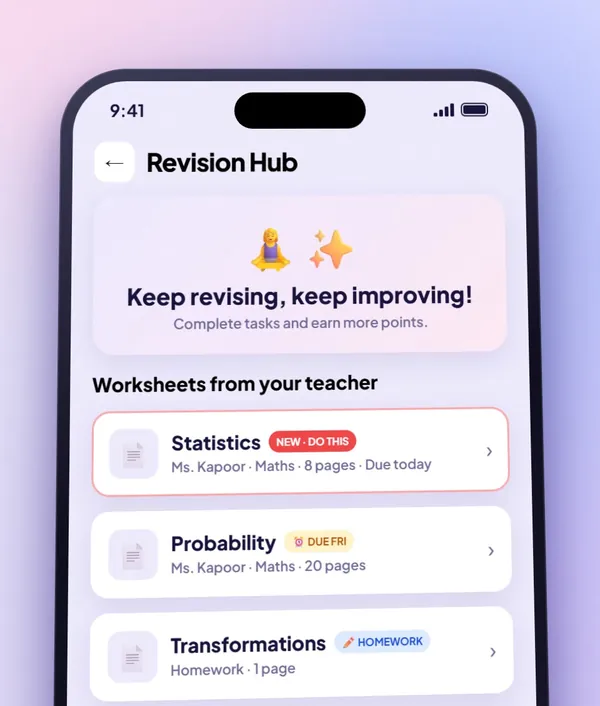 Screenshot of the Afterclassroom student app showing the Revision Hub with worksheets from the teacher, homework and their due dates.