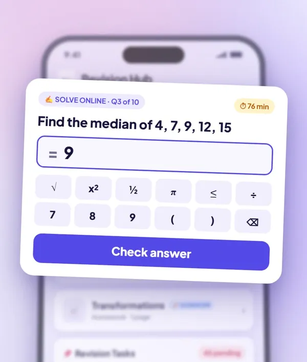 Screenshot of the Afterclassroom student app showing a worksheet question being solved online with a maths keypad and a Check answer button.