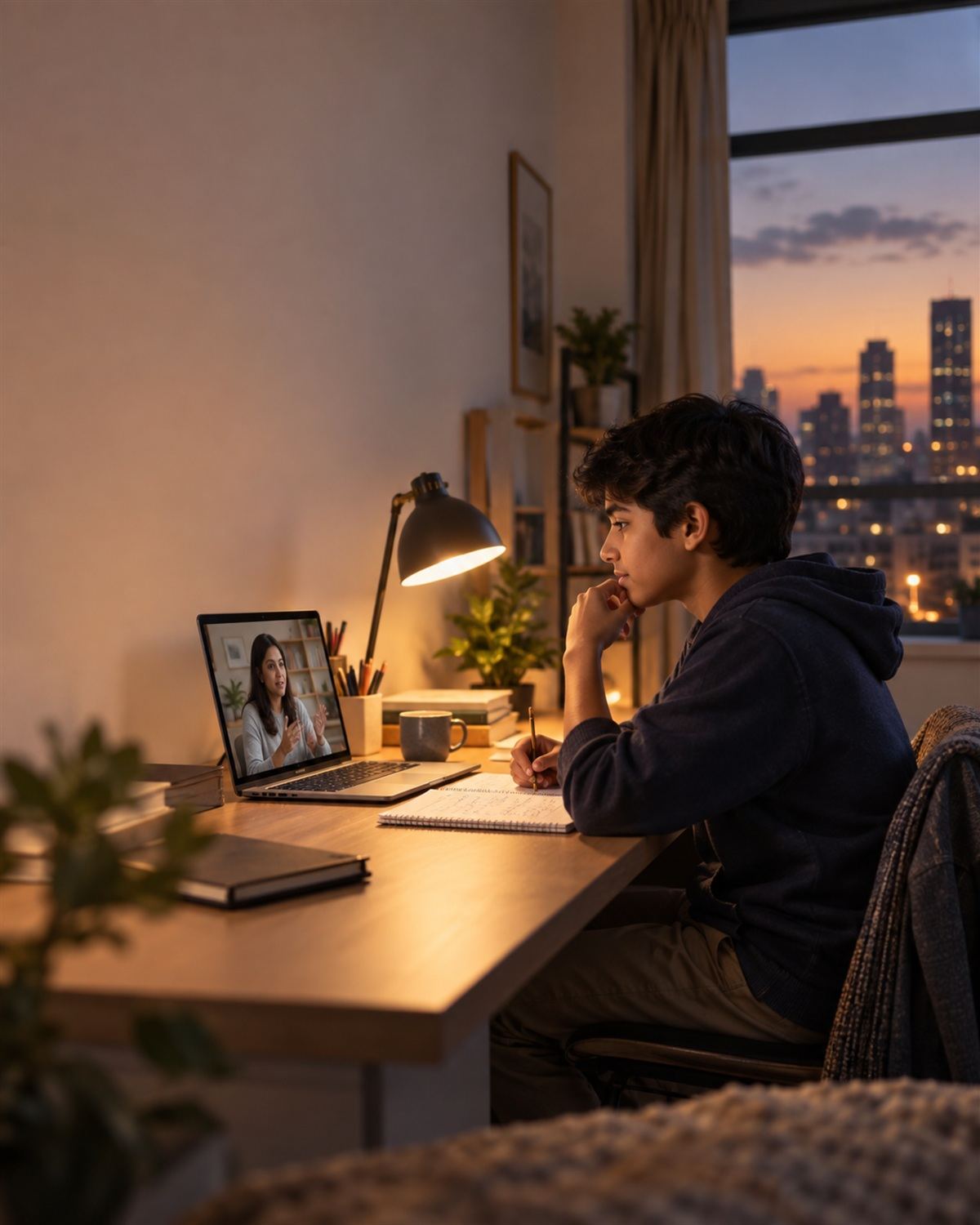 Illustrative photo: a student at a desk in the evening, taking an online class with a tutor on a laptop.
