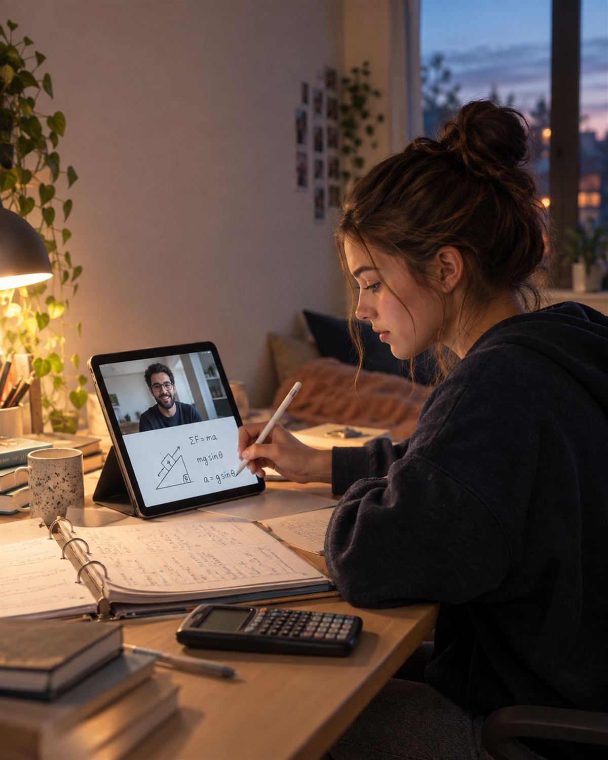 Illustrative photo: a student working through a physics problem on a tablet during an online class.