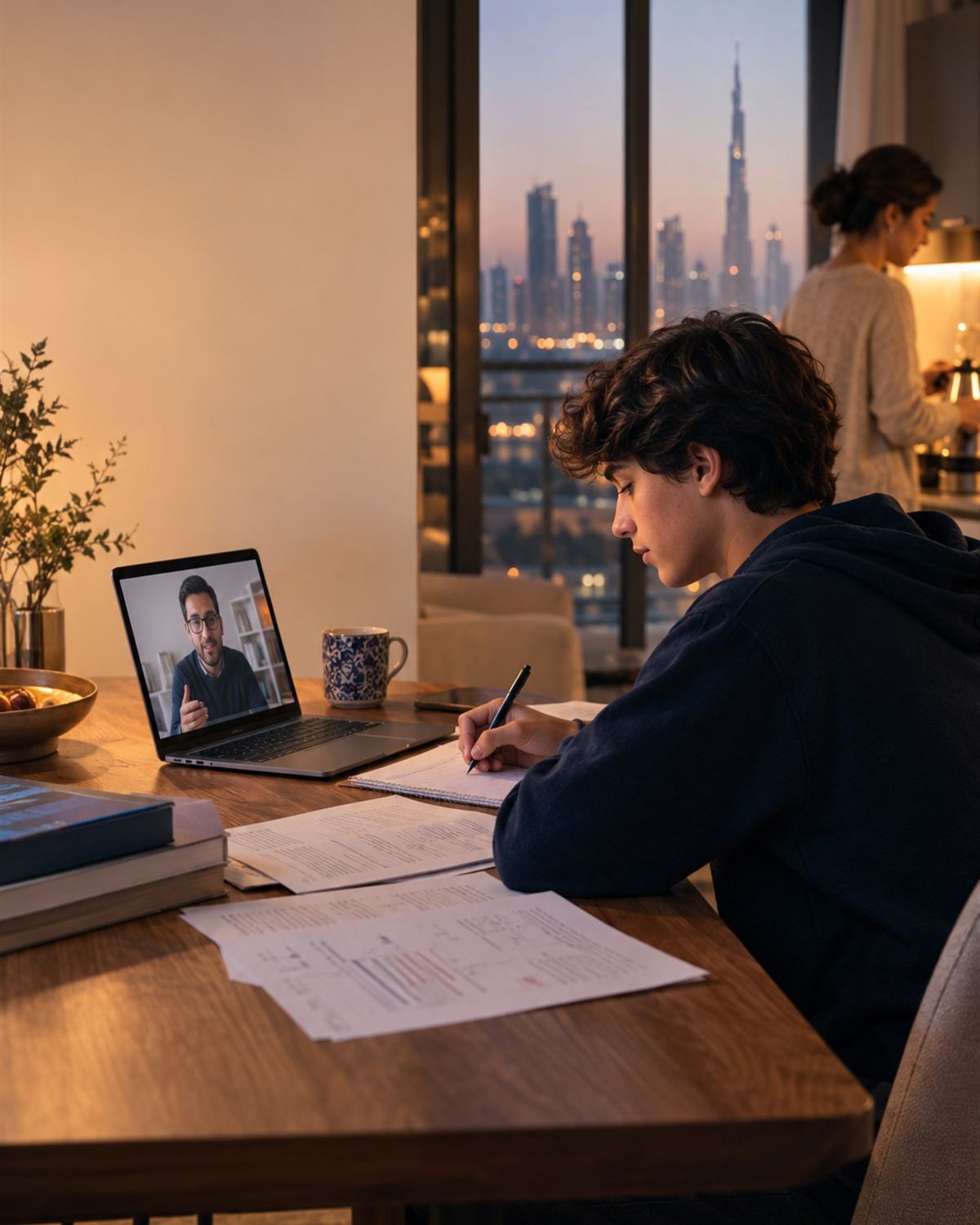 Illustrative photo: a student with past papers at a table, in an online class with a tutor on a laptop.