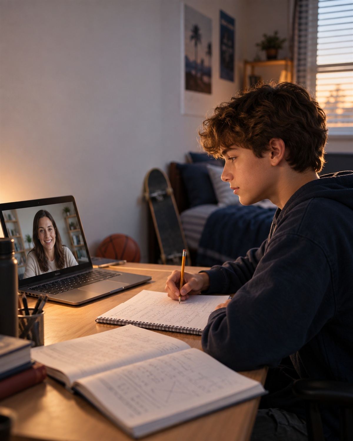 Illustrative photo: a high-school student taking notes during an online class with a tutor on a laptop.