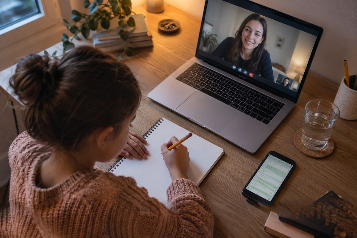 Illustrative photo: a student writing in a notebook during an online class, with the tutor on a laptop.
