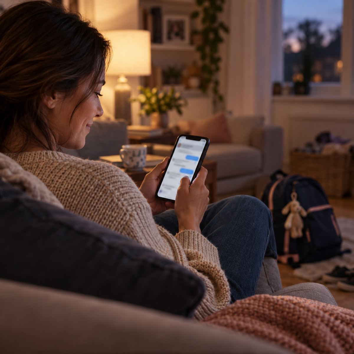 Illustrative photo: a parent at home in the evening, reading a message on her phone.