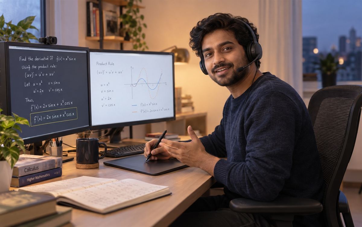 Illustrative photo: a tutor at a desk with two screens showing a worked calculus problem.