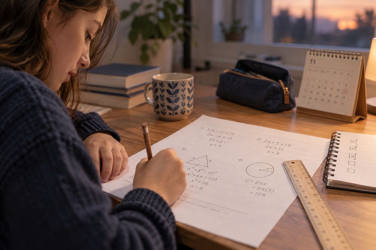 Illustrative photo: a student working through a maths worksheet at a desk.